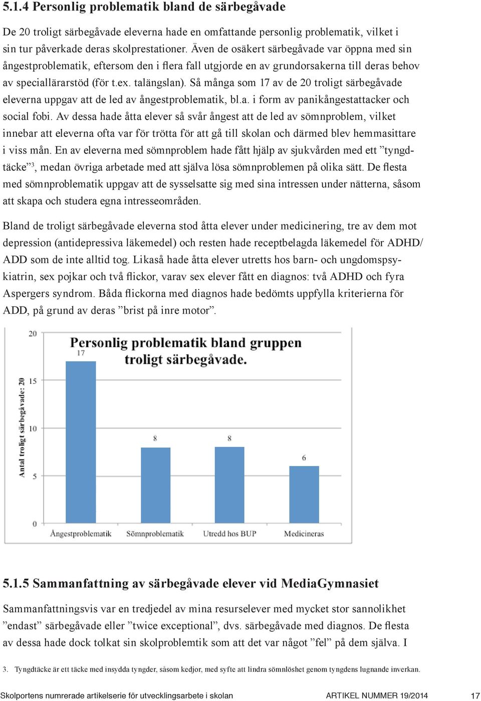 Så många som 17 av de 20 troligt särbegåvade eleverna uppgav att de led av ångestproblematik, bl.a. i form av panikångestattacker och social fobi.