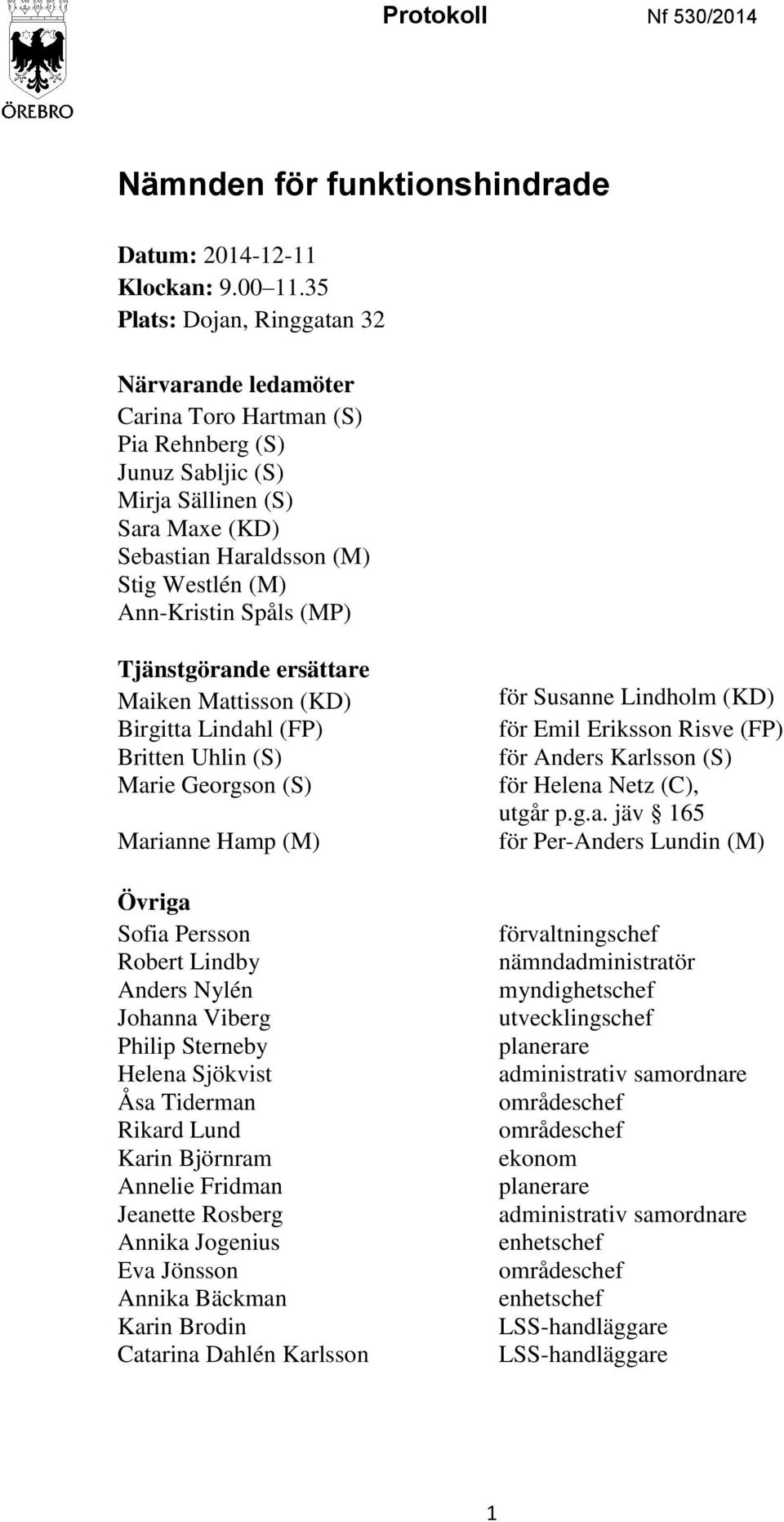 Spåls (MP) Tjänstgörande ersättare Maiken Mattisson (KD) Birgitta Lindahl (FP) Britten Uhlin (S) Marie Georgson (S) Marianne Hamp (M) Övriga Sofia Persson Robert Lindby Anders Nylén Johanna Viberg