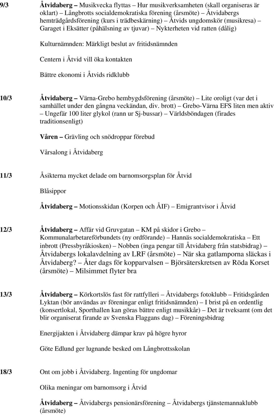 Åtvids ridklubb 10/3 Åtvidaberg Värna-Grebo hembygdsförening (årsmöte) Lite oroligt (var det i samhället under den gångna veckändan, div.