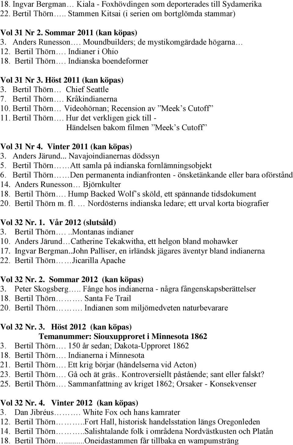 Bertil Thörn Videohörnan; Recension av Meek s Cutoff 11. Bertil Thörn. Hur det verkligen gick till - Händelsen bakom filmen Meek s Cutoff Vol 31 Nr 4. Vinter 2011 (kan köpas) 3. Anders Järund.