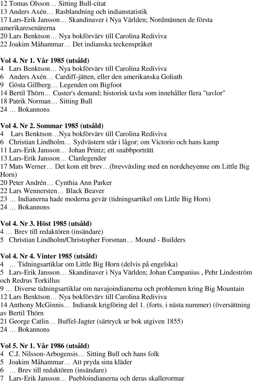 Vår 1985 (utsåld) 4 Lars Benktson Nya bokförvärv till Carolina Rediviva 6 Anders Axén Cardiff-jätten, eller den amerikanska Goliath 9 Gösta Gillberg Legenden om Bigfoot 14 Bertil Thörn Custer's