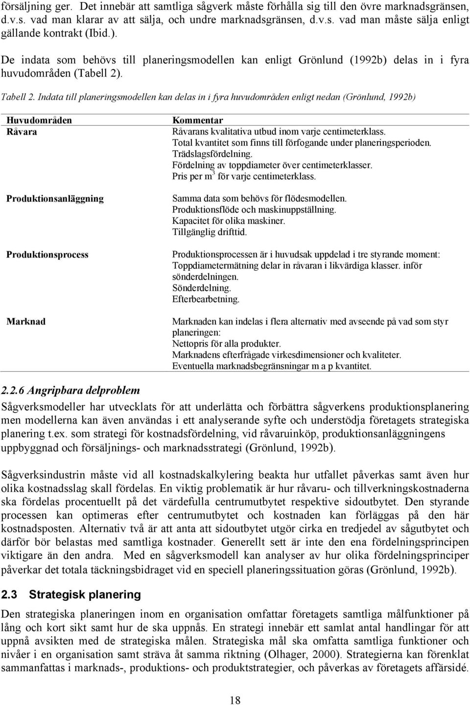 Indata till planeringsmodellen kan delas in i fyra huvudområden enligt nedan (Grönlund, 1992b) Huvudområden Råvara Produktionsanläggning Produktionsprocess Marknad Kommentar Råvarans kvalitativa