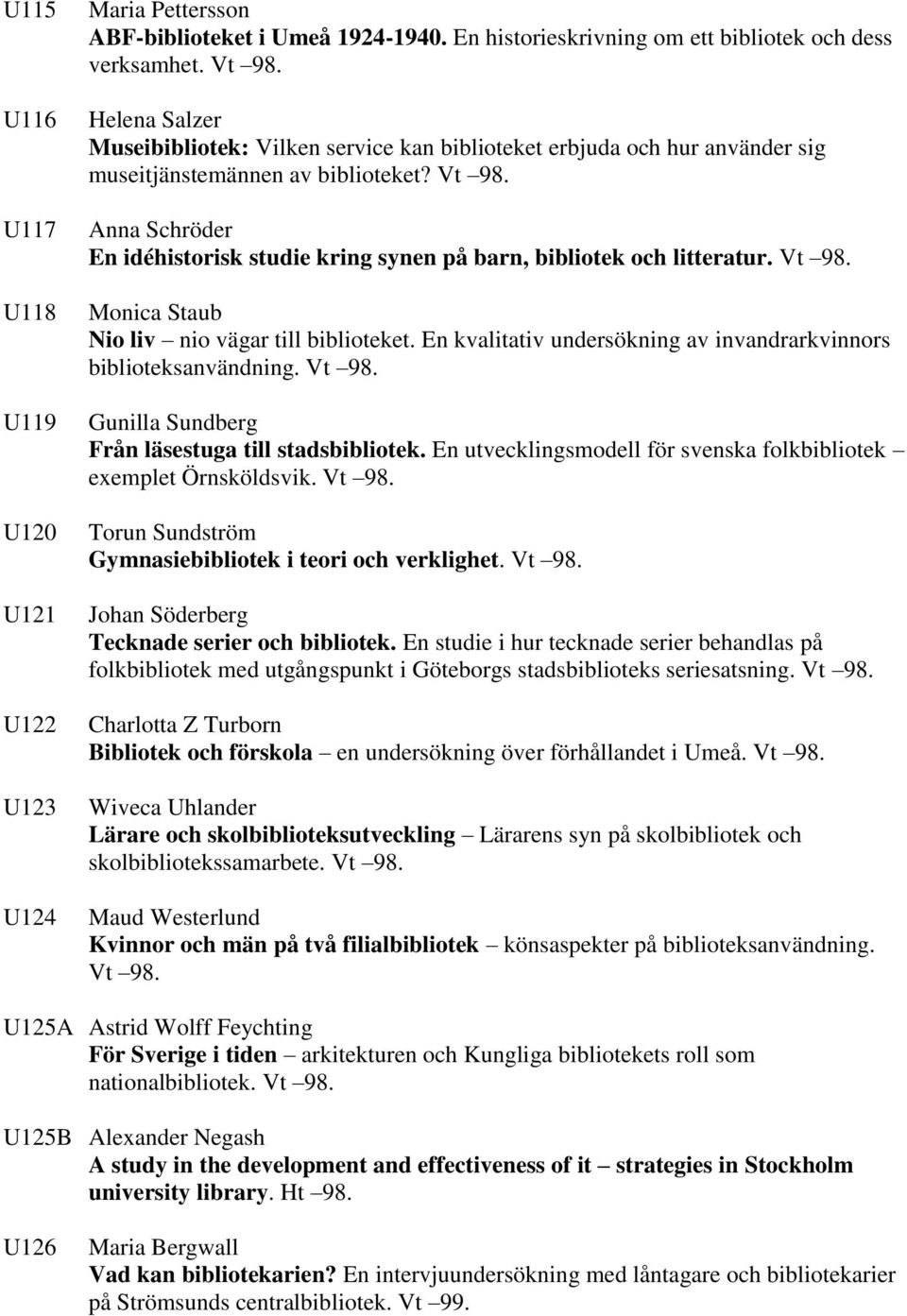 Anna Schröder En idéhistorisk studie kring synen på barn, bibliotek och litteratur. Vt 98. Monica Staub Nio liv nio vägar till biblioteket.