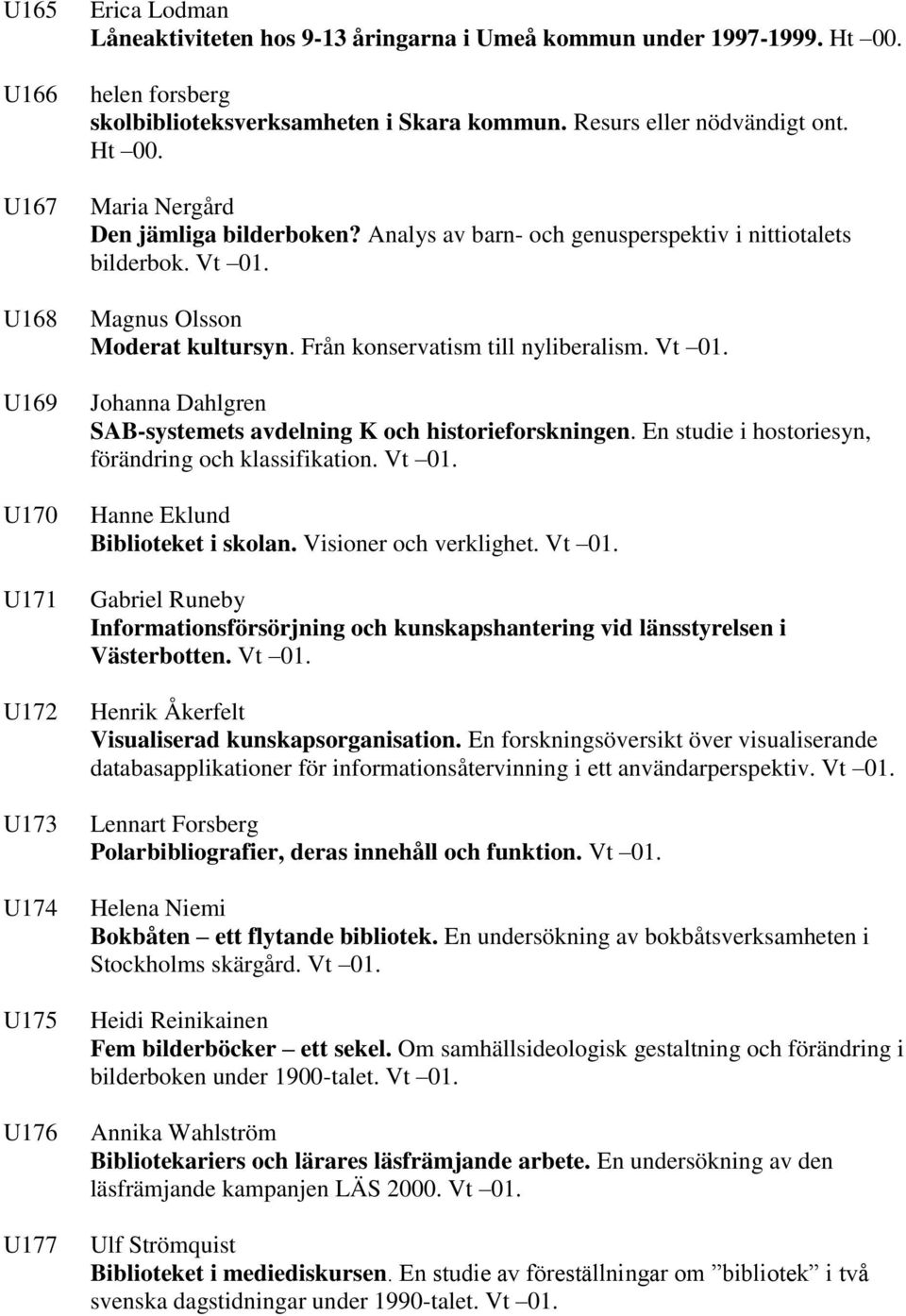 Vt 01. Magnus Olsson Moderat kultursyn. Från konservatism till nyliberalism. Vt 01. Johanna Dahlgren SAB-systemets avdelning K och historieforskningen.