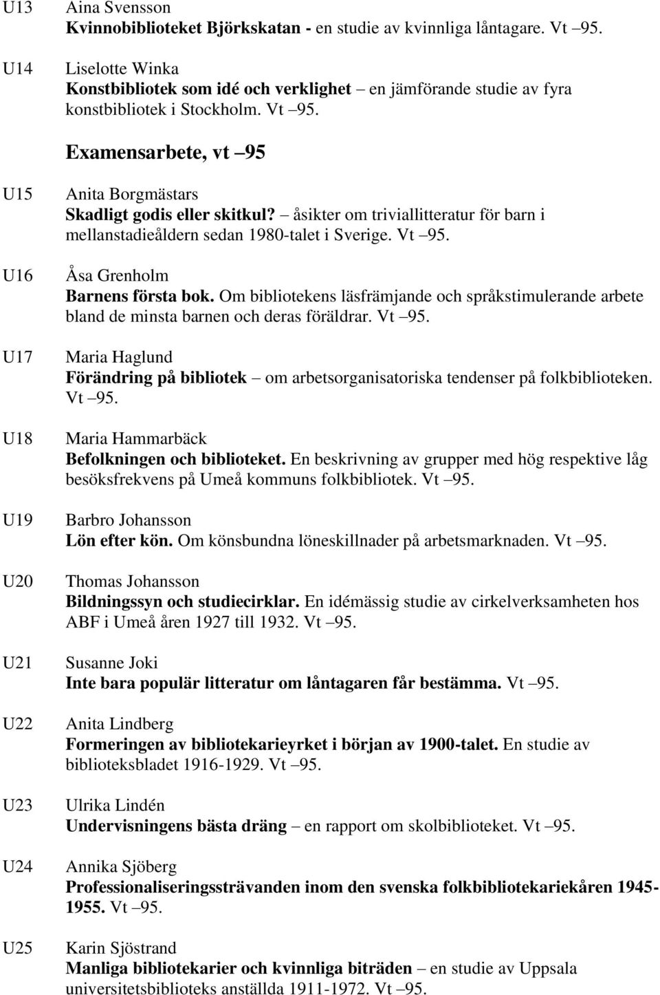 Examensarbete, vt 95 U15 U16 U17 U18 U19 U20 U21 U22 U23 U24 U25 Anita Borgmästars Skadligt godis eller skitkul? åsikter om triviallitteratur för barn i mellanstadieåldern sedan 1980-talet i Sverige.