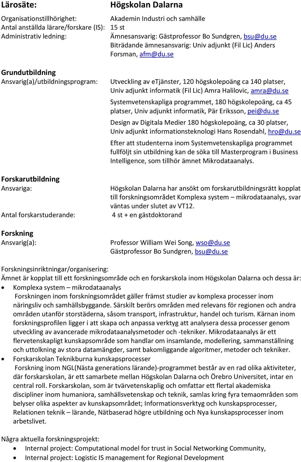 se Ansvarig(a)/utbildningsprogram: Ansvariga: Antal forskarstuderande: Utveckling av etjänster, 120 högskolepoäng ca 140 platser, Univ adjunkt informatik (Fil Lic) Amra Halilovic, amra@du.