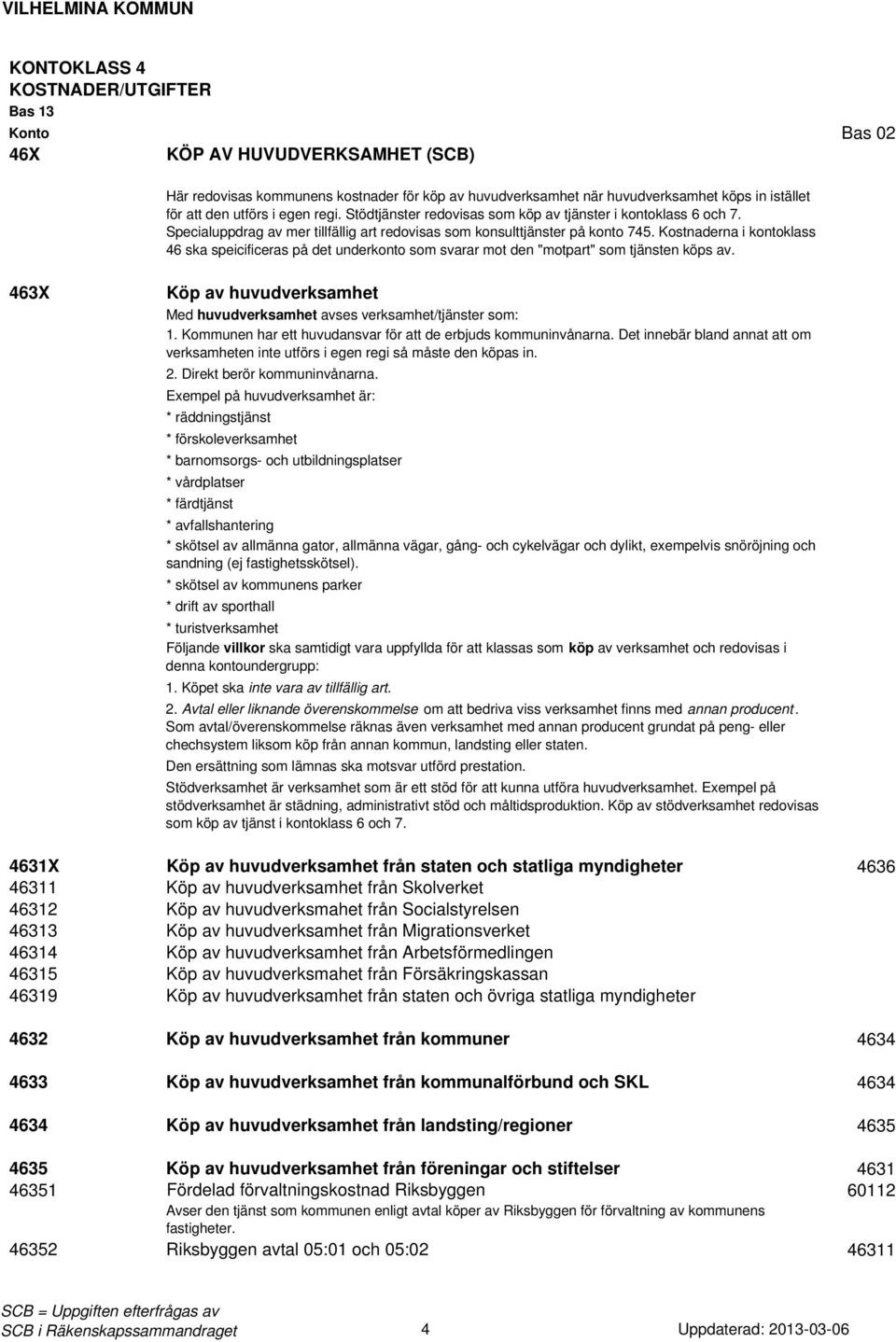 Kostnaderna i kontoklass 46 ska speicificeras på det underkonto som svarar mot den "motpart" som tjänsten köps av. 463X Köp av huvudverksamhet Med huvudverksamhet avses verksamhet/tjänster som: 1.