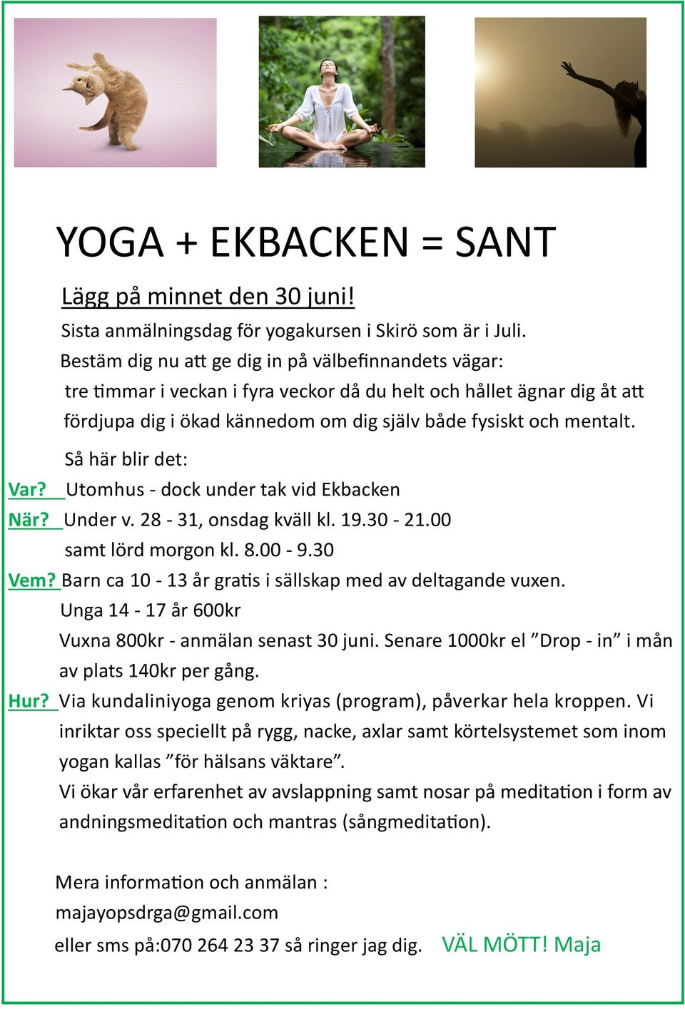 Så här blir det: Var? Utomhus - dock under tak vid Ekbacken När? Under v. 28-31, onsdag kväll kl. 19.30-21.00 samt lörd morgon kl. 8.00-9.30 Vem?