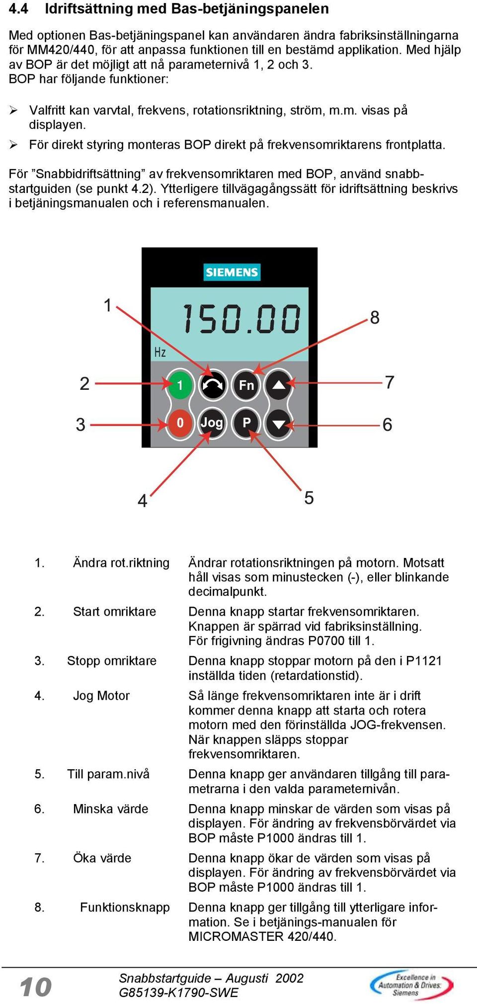 För direkt styring monteras BOP direkt på frekvensomriktarens frontplatta. För Snabbidriftsättning av frekvensomriktaren med BOP, använd snabbstartguiden (se punkt 4.2).