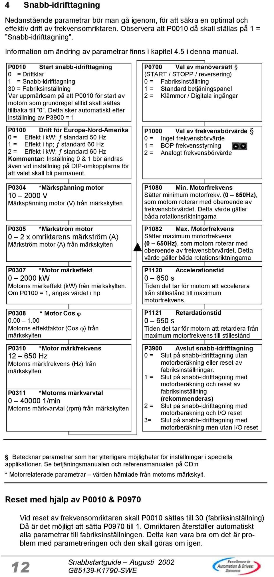 P0010 Start snabb-idrifttagning 0 = Driftklar 1 = Snabb-idrifttagning 30 = Fabriksinställning Var uppmärksam på att P0010 för start av motorn som grundregel alltid skall sättas tillbaka till 0.