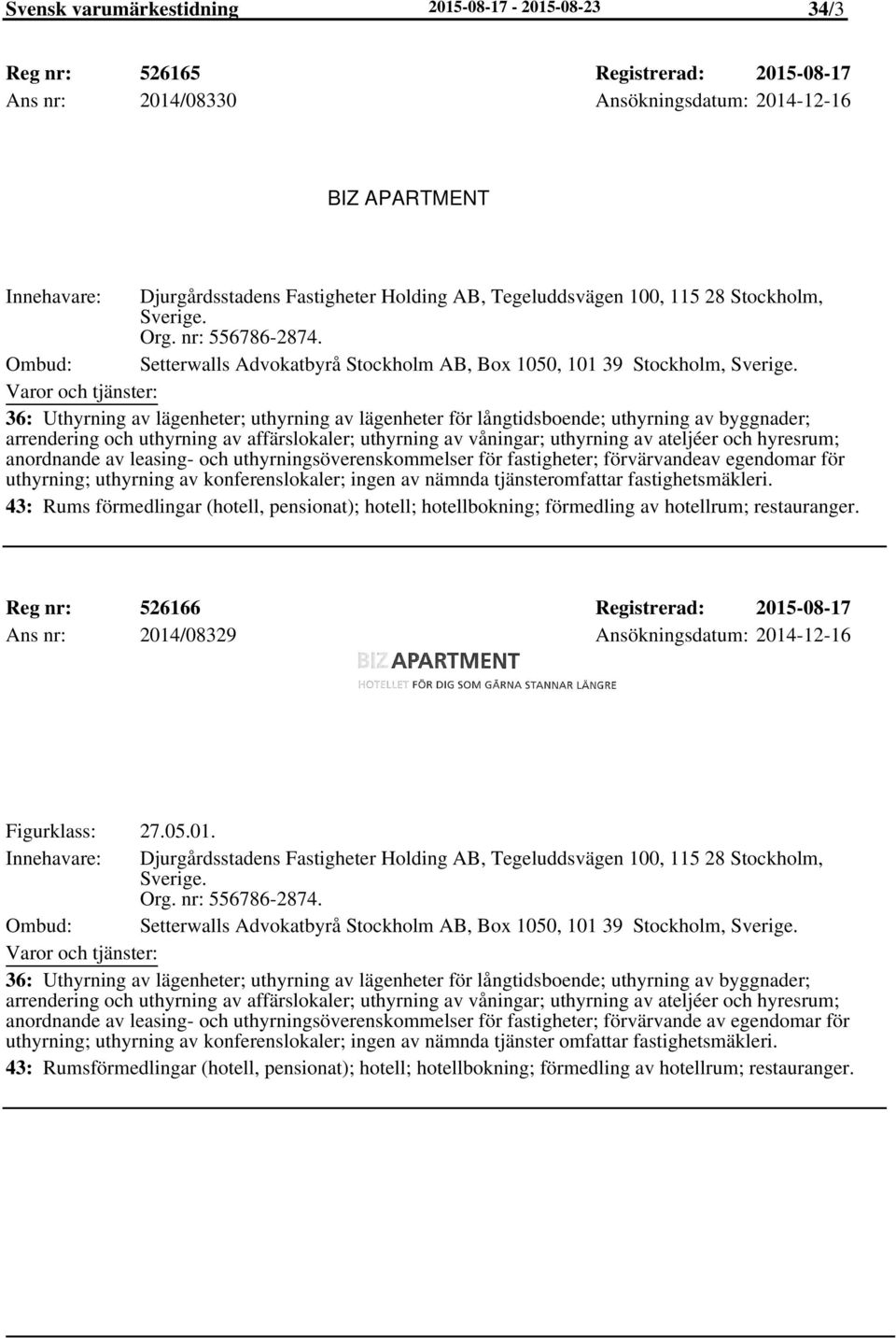 36: Uthyrning av lägenheter; uthyrning av lägenheter för långtidsboende; uthyrning av byggnader; arrendering och uthyrning av affärslokaler; uthyrning av våningar; uthyrning av ateljéer och hyresrum;