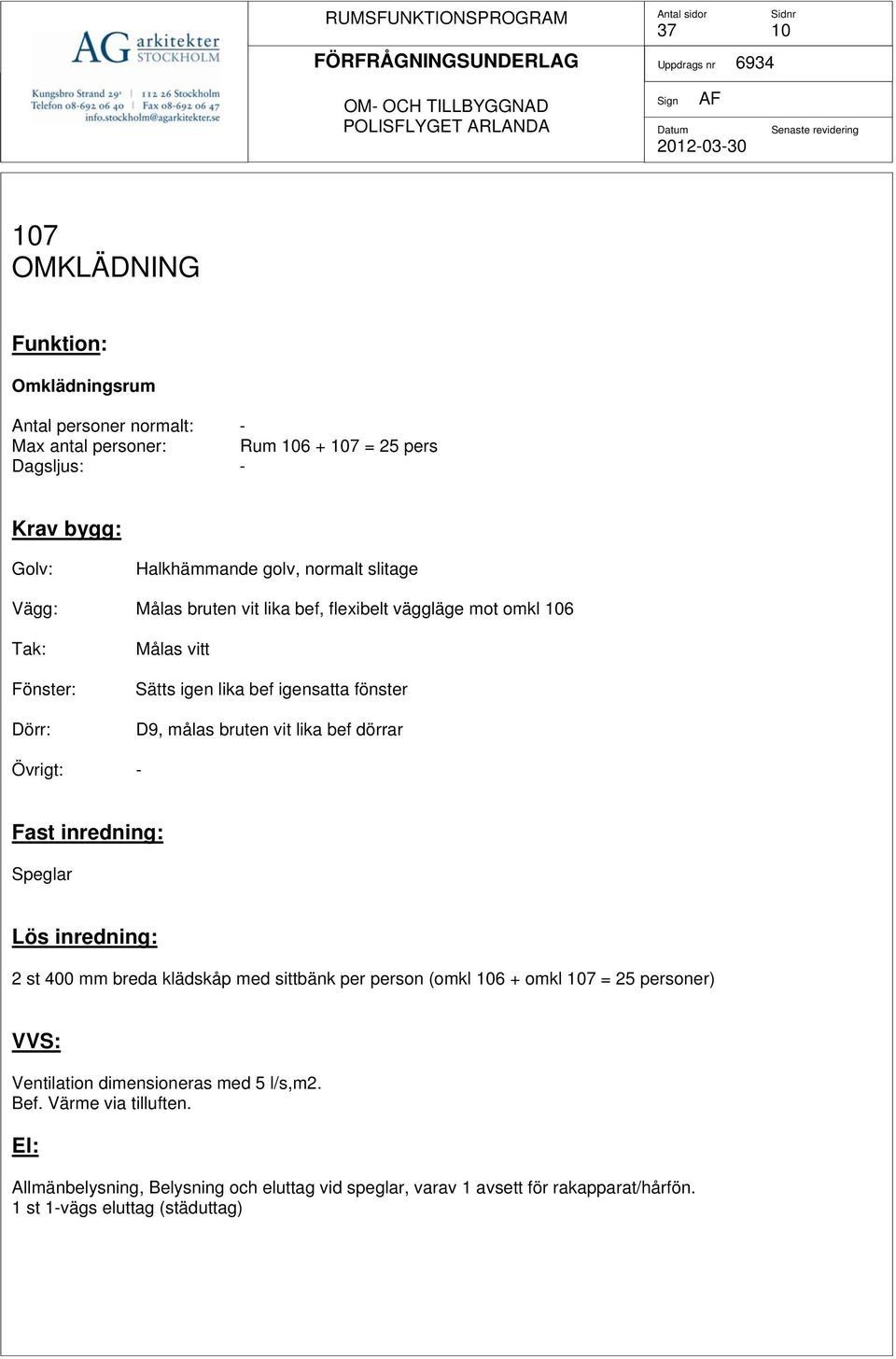 dörrar - Speglar 2 st 400 mm breda klädskåp med sittbänk per person (omkl 106 + omkl 107 = 25 personer) Ventilation dimensioneras med 5