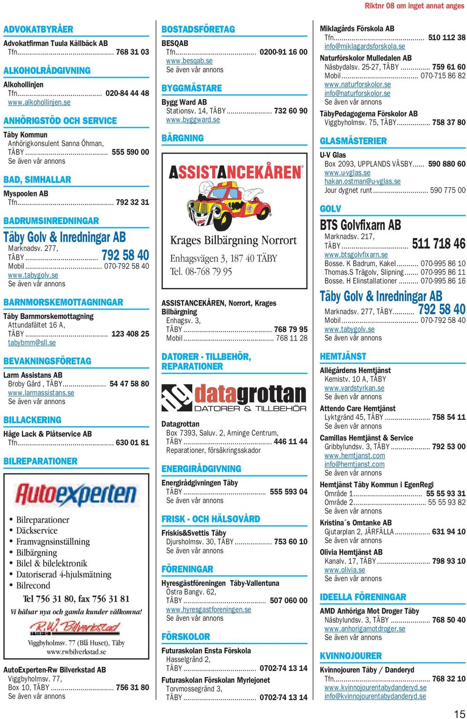 .. 792 58 40 Mobil... 070-792 58 40 www.tabygolv.se BARNMORSKEMOTTAGNINGAR Täby Barnmorskemottagning Attundafältet 16 A, TÄBY... 123 408 25 tabybmm@sll.