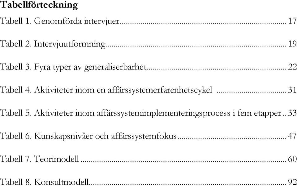 .. 31 Tabell 5. Aktiviteter inom affärssystemimplementeringsprocess i fem etapper.. 33 Tabell 6.