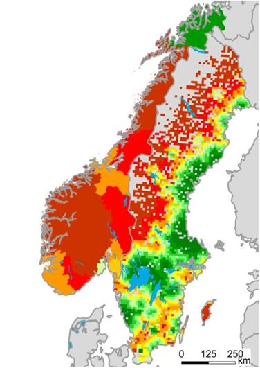 BARRMASSAVED 2014 RELATIVT KÖPTRYCK Det relativa köptrycket på barrmassaved är högst där relationen mellan massaindustrins efterfrågan på massaindustri och utbudet från skogen utbudet är störst.