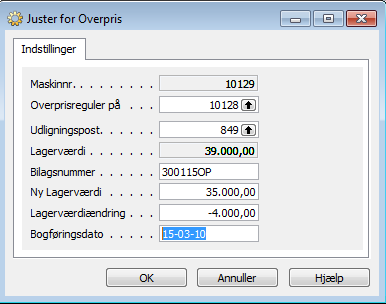 Lagervärdet kan inte ändras, men Nytt Lagervärde och Bokföringsdatum kan. Det ska anges ett verifikationsnummer som kommer bli använt vid bokföringen av överprisjusteringen.