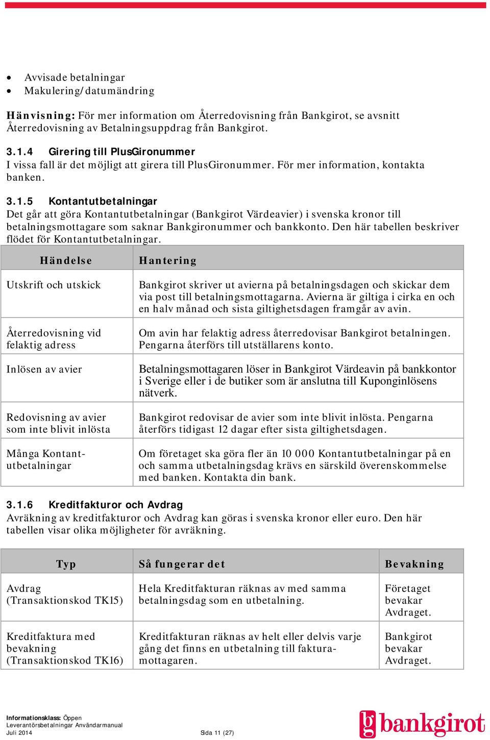 5 Kontantutbetalningar Det går att göra Kontantutbetalningar (Bankgirot Värdeavier) i svenska kronor till betalningsmottagare som saknar Bankgironummer och bankkonto.