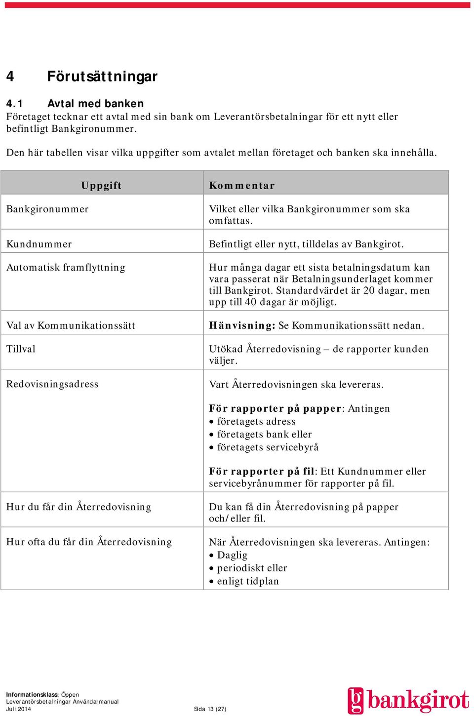 Uppgift Bankgironummer Kundnummer Automatisk framflyttning Val av Kommunikationssätt Tillval Redovisningsadress Kommentar Vilket eller vilka Bankgironummer som ska omfattas.