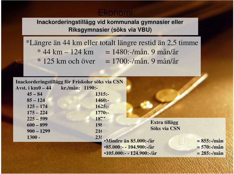 9 mån/år Inackorderingstillägg för Friskolor söks via CSN Avst. i km0 44 kr.