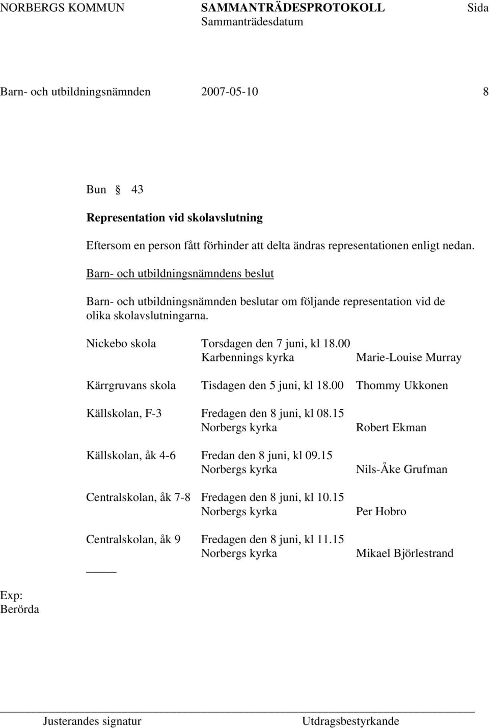 00 Karbennings kyrka Marie-Louise Murray Kärrgruvans skola Tisdagen den 5 juni, kl 18.00 Thommy Ukkonen Källskolan, F-3 Fredagen den 8 juni, kl 08.