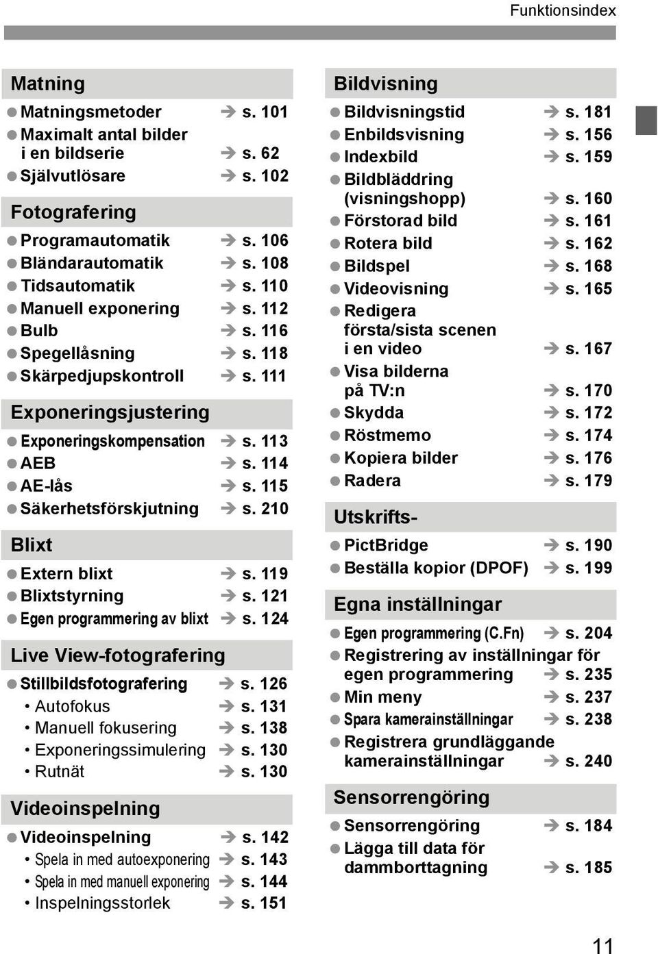 210 Blixt Extern blixt s. 119 Blixtstyrning s. 121 Egen programmering av blixt s. 124 Live View-fotografering Stillbildsfotografering s. 126 Autofokus s. 131 Manuell fokusering s.