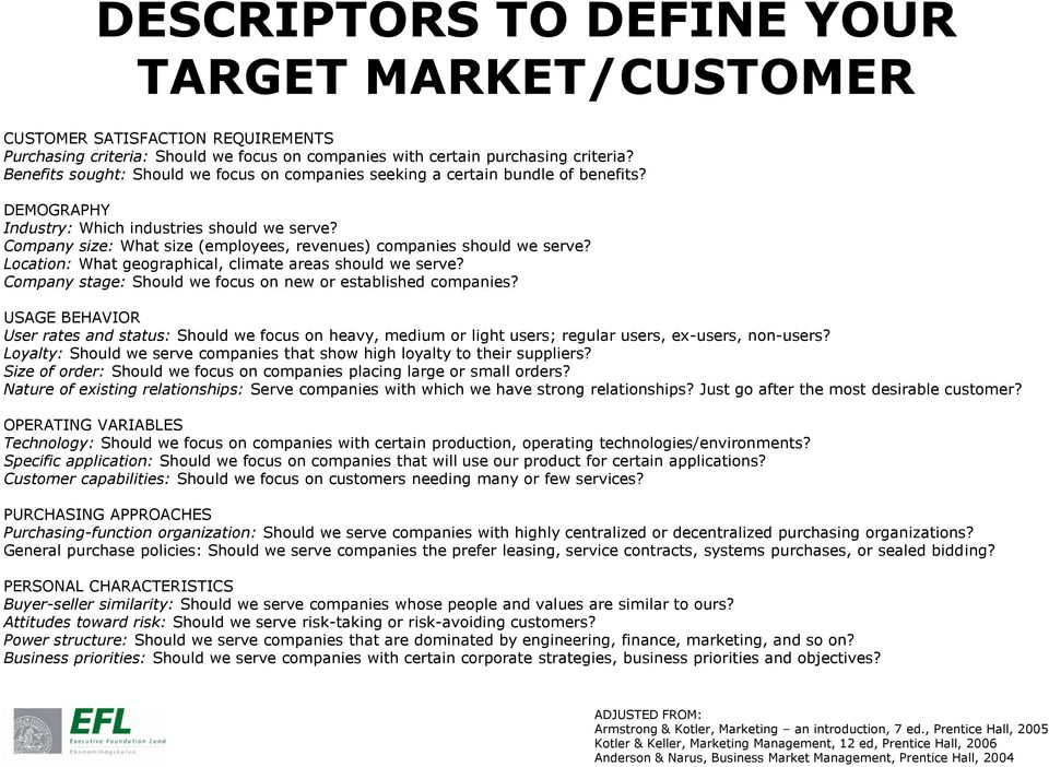 Company size: What size (employees, revenues) companies should we serve? Location: What geographical, climate areas should we serve? Company stage: Should we focus on new or established companies?