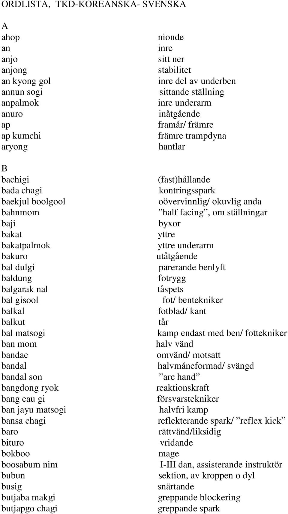 makgi butjapgo chagi nionde inre sitt ner stabilitet inre del av underben sittande ställning inre underarm inåtgående framår/ främre främre trampdyna hantlar (fast)hållande kontringsspark