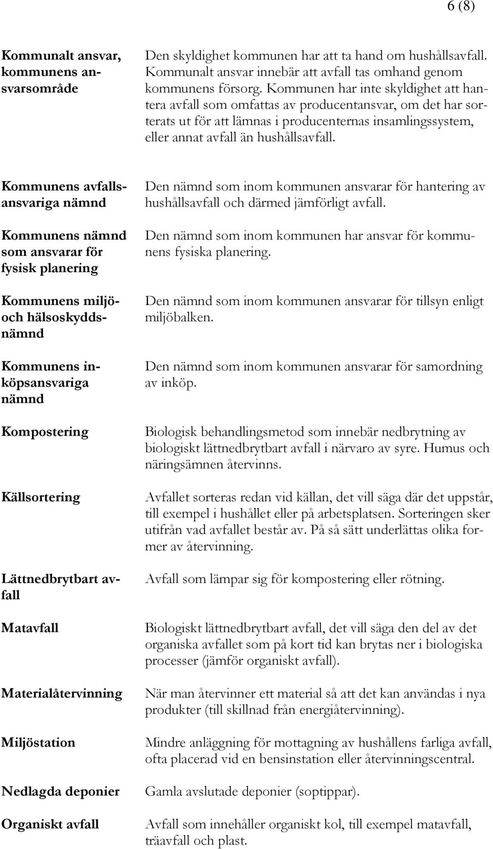 Kommunens avfallsansvariga nämnd Kommunens nämnd som ansvarar för fysisk planering Kommunens miljöoch hälsoskyddsnämnd Kommunens inköpsansvariga nämnd Kompostering Källsortering Lättnedbrytbart