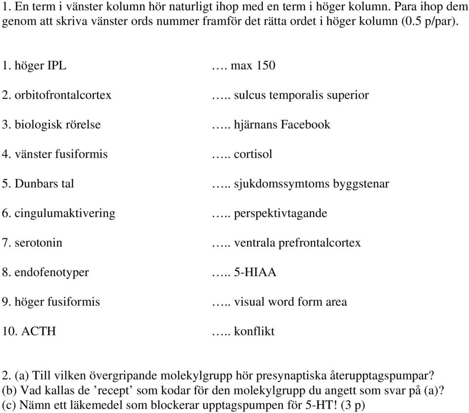 cingulumaktivering.. perspektivtagande 7. serotonin.. ventrala prefrontalcortex 8. endofenotyper.. 5-HIAA 9. höger fusiformis.. visual word form area 10. ACTH.. konflikt 2.