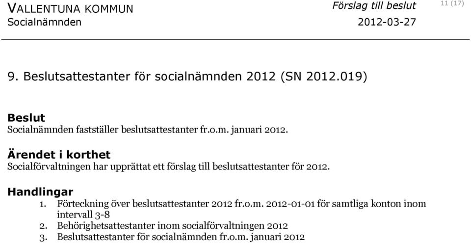 Socialförvaltningen har upprättat ett förslag till beslutsattestanter för 2012. Handlingar 1.
