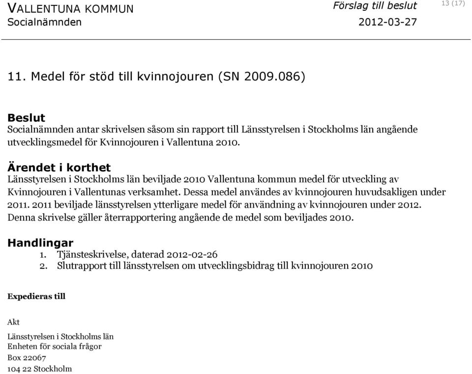 Länsstyrelsen i Stockholms län beviljade 2010 Vallentuna kommun medel för utveckling av Kvinnojouren i Vallentunas verksamhet. Dessa medel användes av kvinnojouren huvudsakligen under 2011.