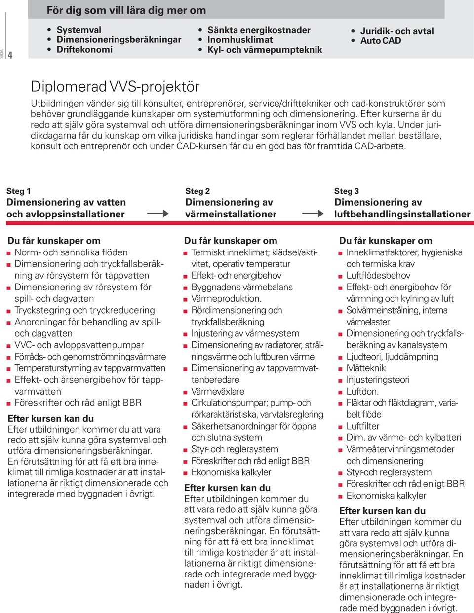 Efter kurserna är du redo att själv göra systemval och utföra dimensioneringsberäkningar inom VVS och kyla.