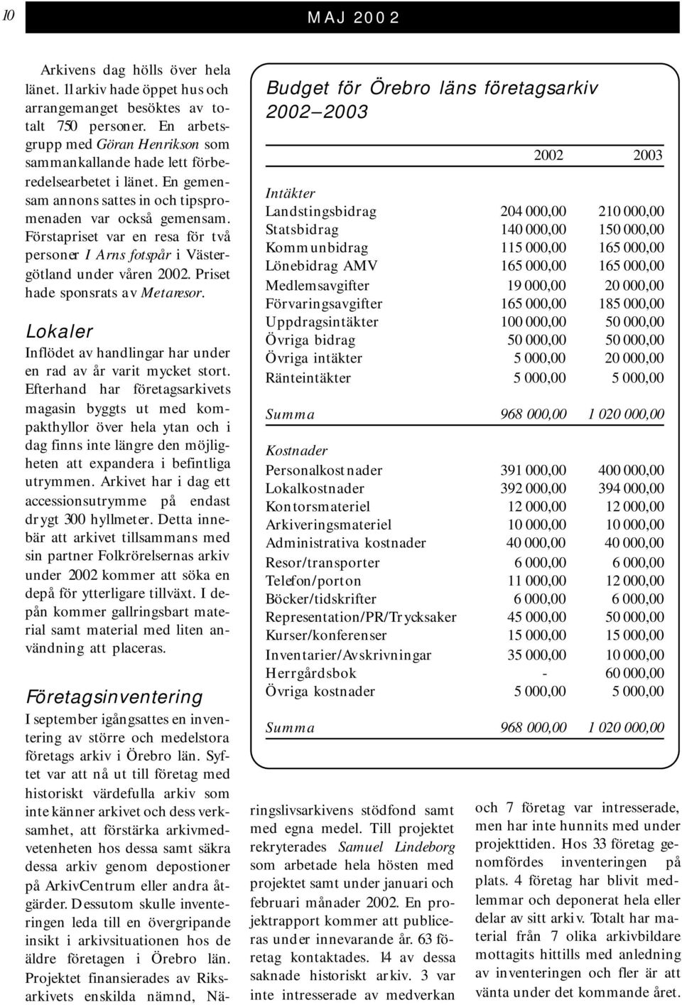 Förstapriset var en resa för två personer I Arns fotspår i Västergötland under våren 2002. Priset hade sponsrats av Metaresor. Lokaler Inflödet av handlingar har under en rad av år varit mycket stort.