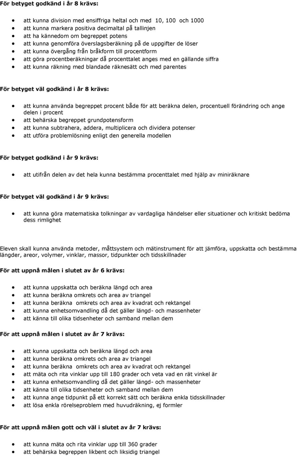 att kunna använda begreppet procent både för att beräkna delen, procentuell förändring och ange delen i procent att behärska begreppet grundpotensform att kunna subtrahera, addera, multiplicera och