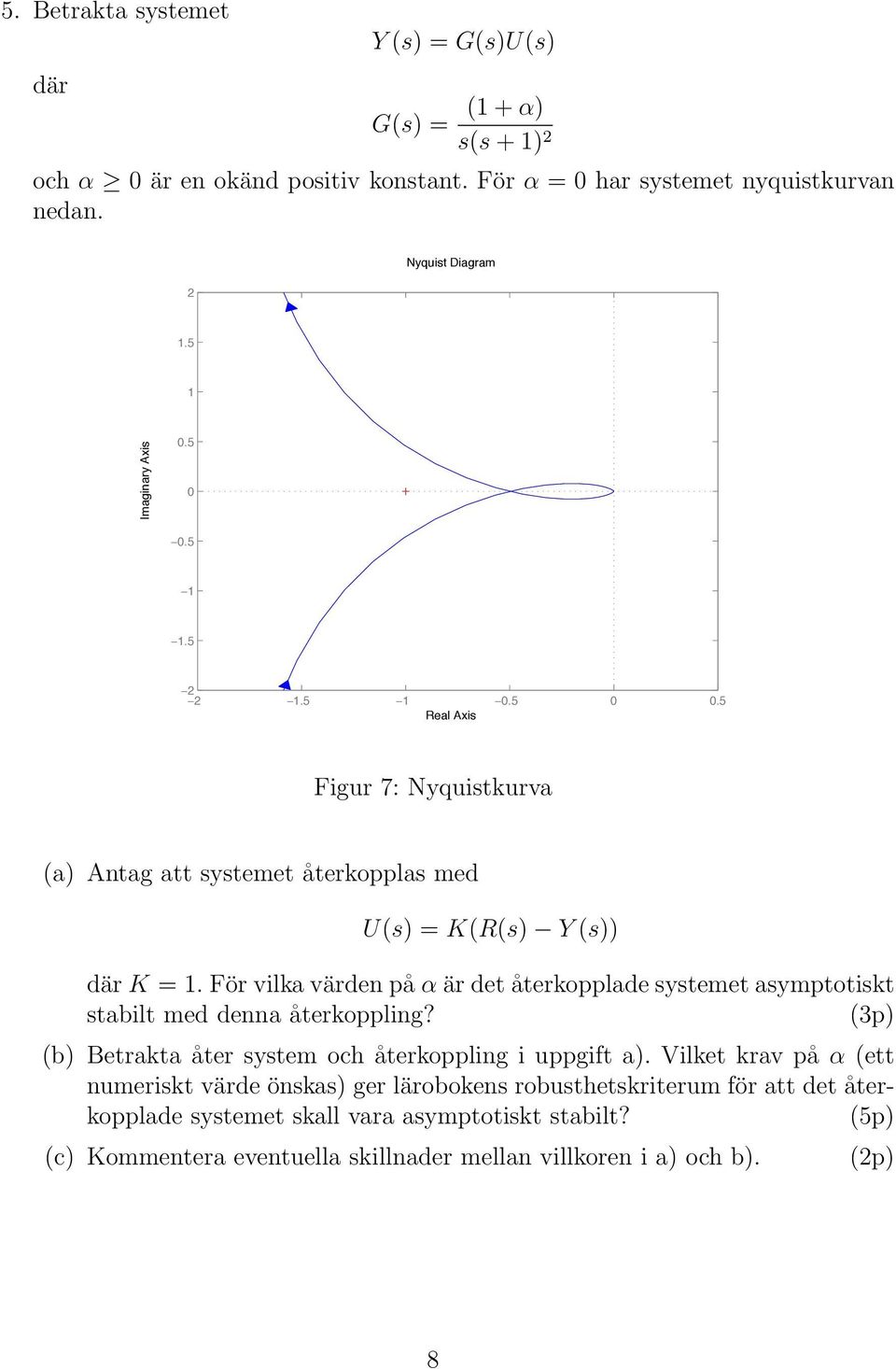 För vilka värden på α är det återkopplade systemet asymptotiskt stabilt med denna återkoppling? (b) Betrakta åter system och återkoppling i uppgift a).