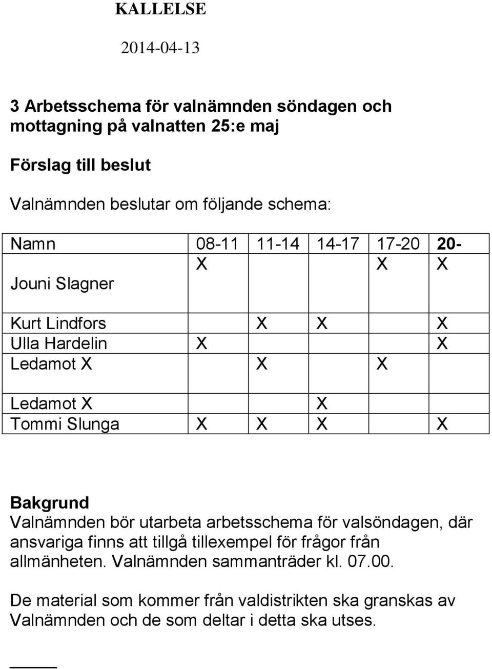 utarbeta arbetsschema för valsöndagen, där ansvariga finns att tillgå tillexempel för frågor från allmänheten.