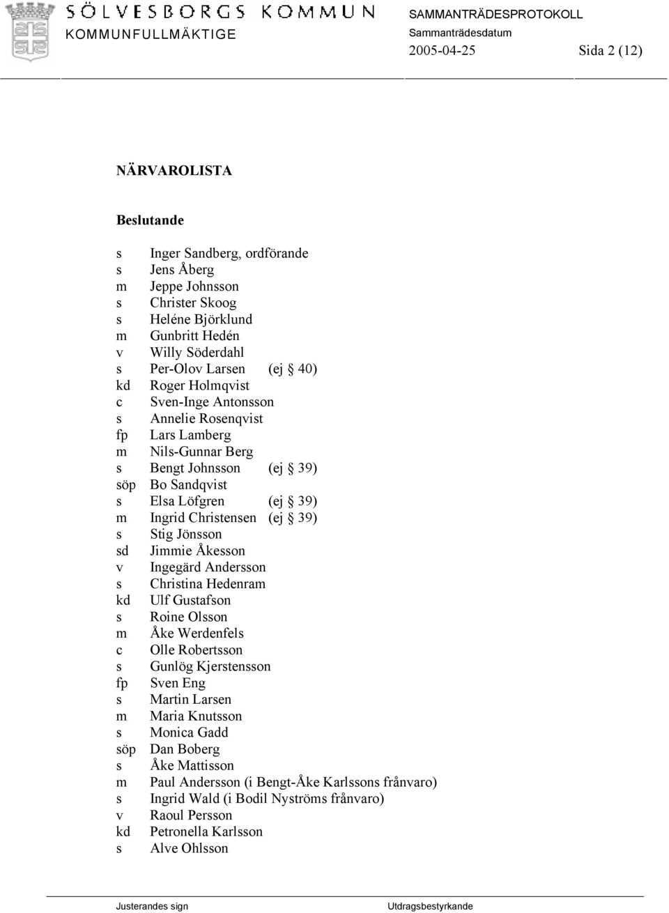 Stig Jönsson sd Jimmie Åkesson v Ingegärd Andersson s Christina Hedenram kd Ulf Gustafson s Roine Olsson m Åke Werdenfels c Olle Robertsson s Gunlög Kjerstensson fp Sven Eng s Martin Larsen m Maria