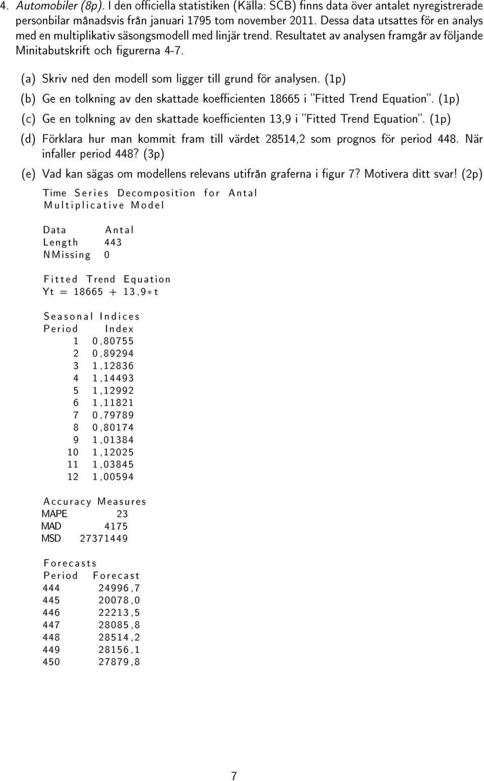 (a) Skriv ned den modell som ligger till grund för analysen. (1p) (b) Ge en tolkning av den skattade koecienten 18665 i Fitted Trend Equation.