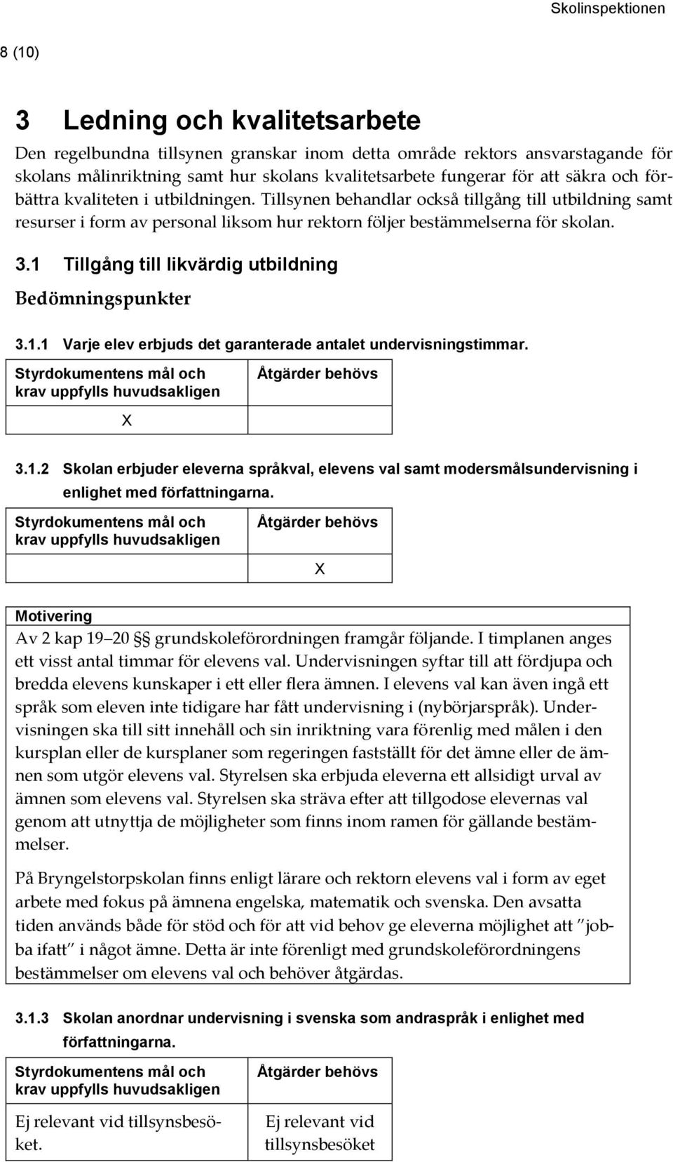 1 Tillgång till likvärdig utbildning 3.1.1 Varje elev erbjuds det garanterade antalet undervisningstimmar. 3.1.2 Skolan erbjuder eleverna språkval, elevens val samt modersmålsundervisning i enlighet med författningarna.