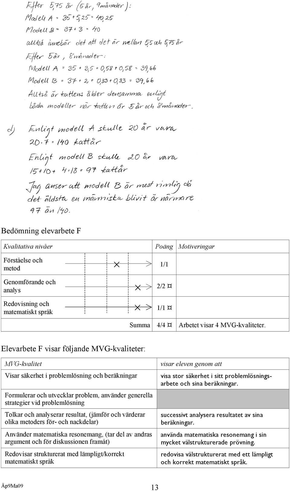 analyserar resultat, (jämför och värderar olika metoders för- och nackdelar) Använder matematiska resonemang, (tar del av andras argument och för diskussionen framåt) Redovisar strukturerat med