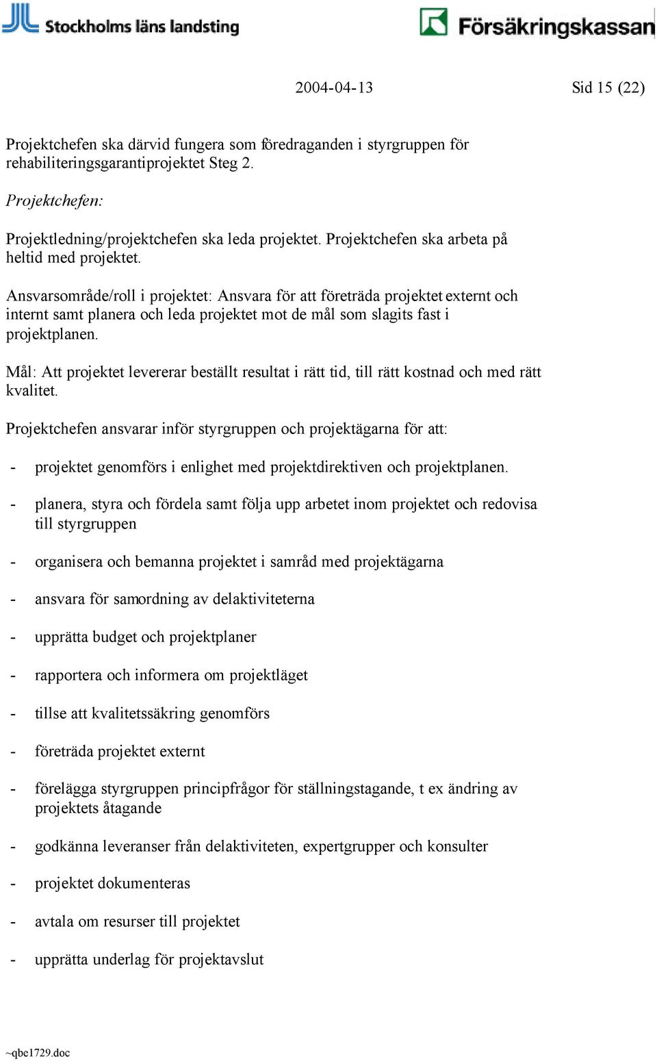 Ansvarsområde/roll i projektet: Ansvara för att företräda projektet externt och internt samt planera och leda projektet mot de mål som slagits fast i projektplanen.