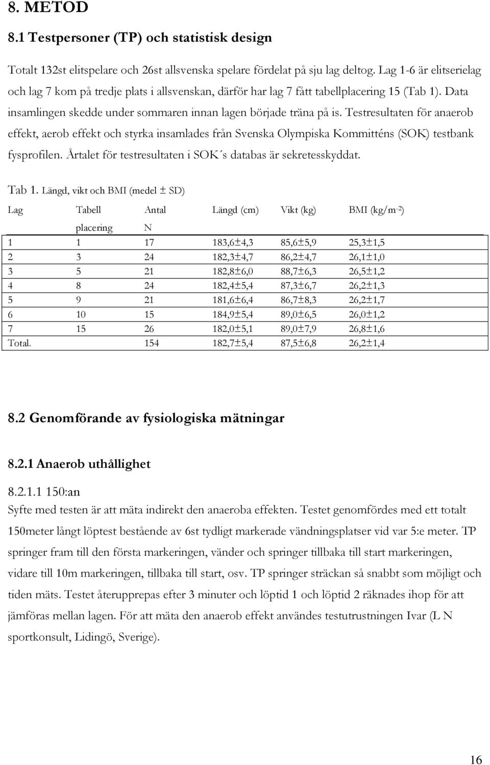 Testresultaten för anaerob effekt, aerob effekt och styrka insamlades från Svenska Olympiska Kommitténs (SOK) testbank fysprofilen. Årtalet för testresultaten i SOK s databas är sekretesskyddat.