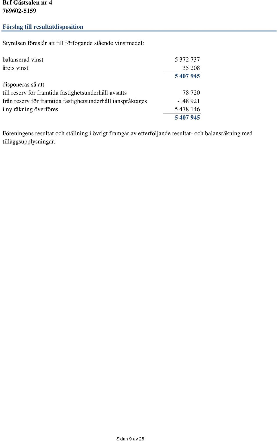 för framtida fastighetsunderhåll ianspråktages -148 921 i ny räkning överföres 5 478 146 5 407 945 Föreningens