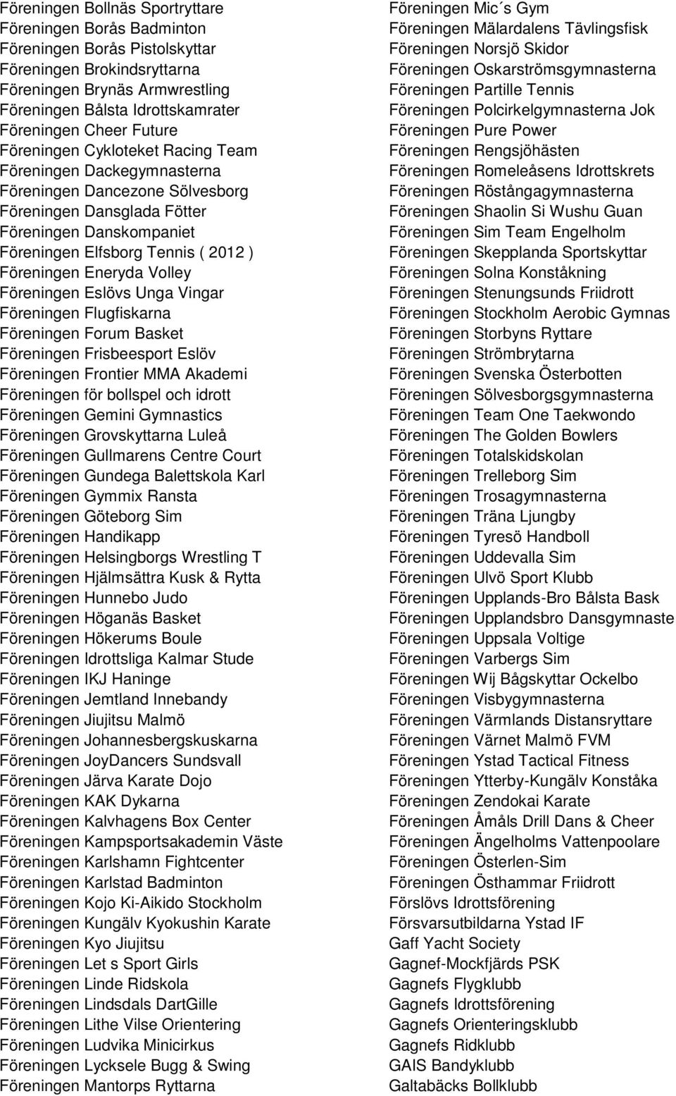 Föreningen Eneryda Volley Föreningen Eslövs Unga Vingar Föreningen Flugfiskarna Föreningen Forum Basket Föreningen Frisbeesport Eslöv Föreningen Frontier MMA Akademi Föreningen för bollspel och