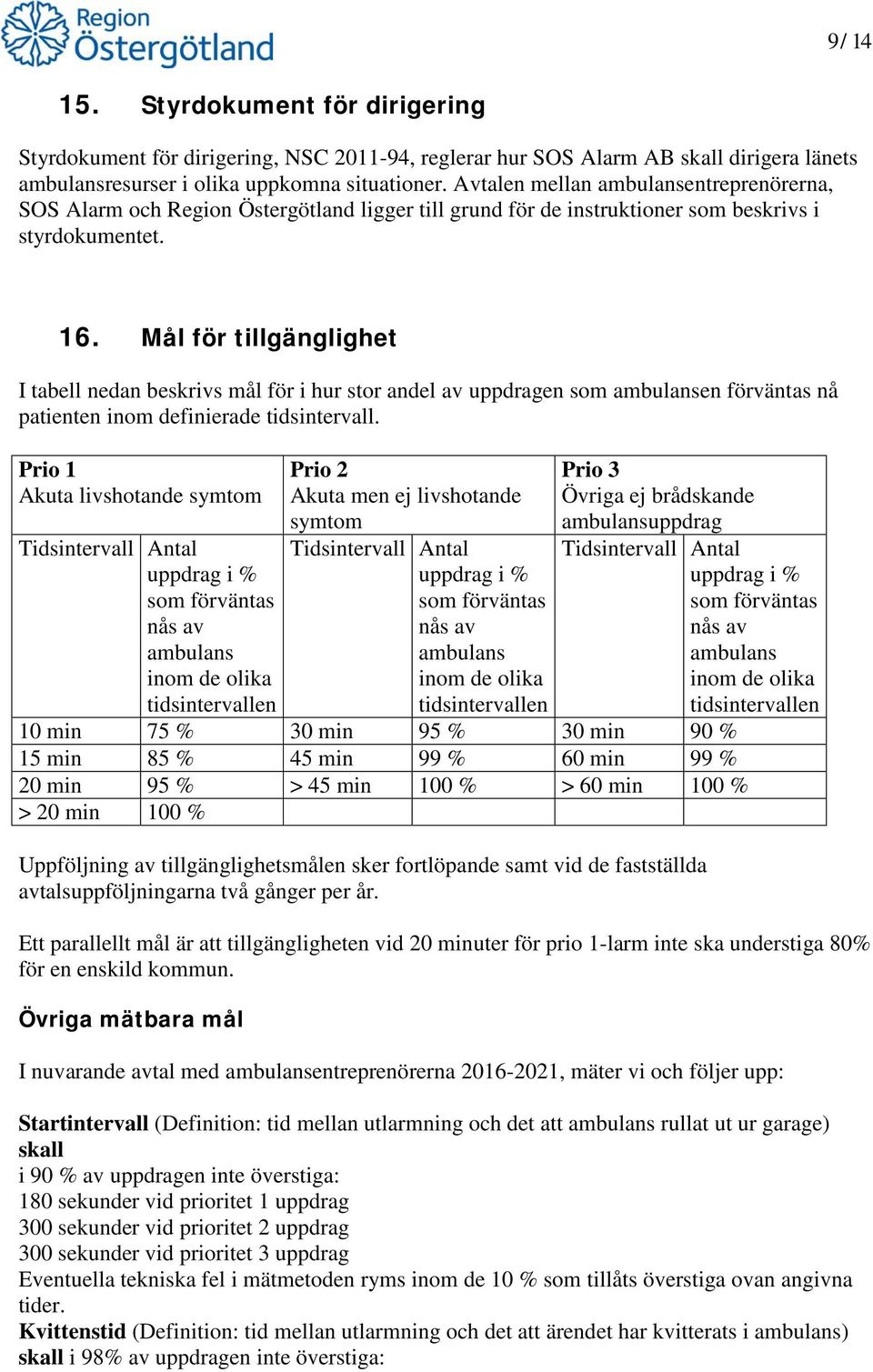 Mål för tillgänglighet I tabell nedan beskrivs mål för i hur stor andel av uppdragen som ambulansen förväntas nå patienten inom definierade tidsintervall.