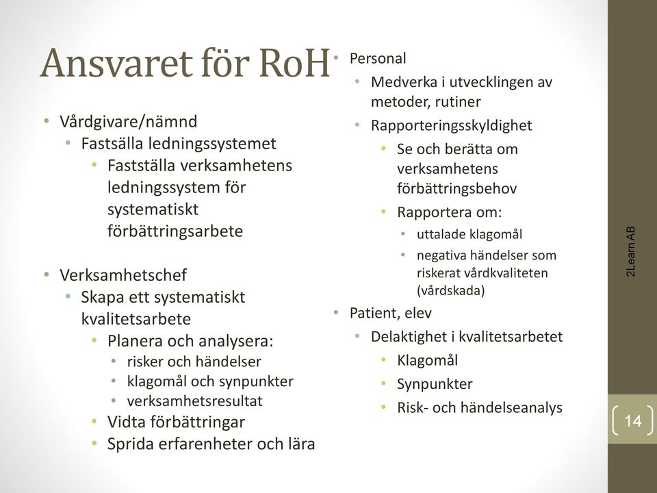 erfarenheter och lära Personal Medverka i utvecklingen av metoder, rutiner Rapporteringsskyldighet Se och berätta om verksamhetens förbättringsbehov Rapportera