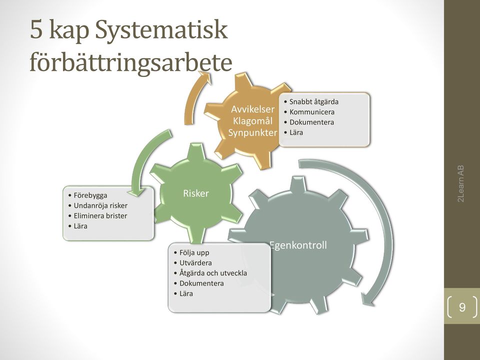 Förebygga Undanröja risker Eliminera brister Lära Risker Följa