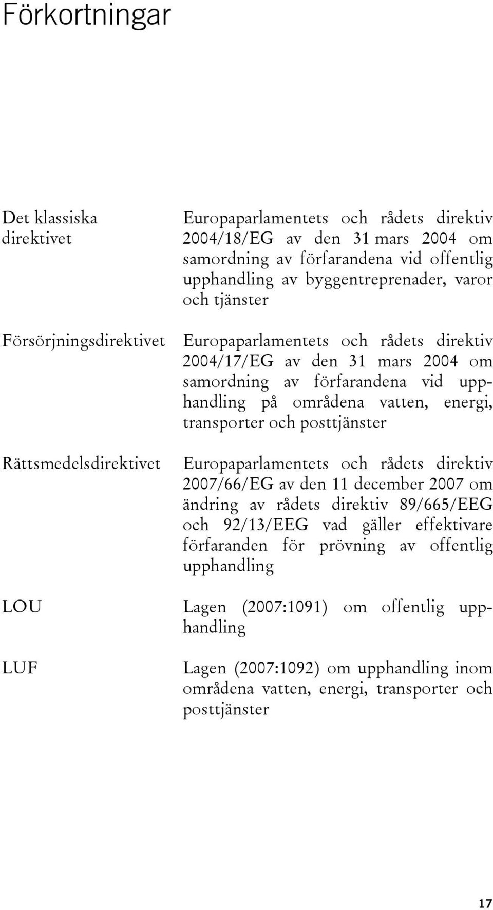 och posttjänster Rättsmedelsdirektivet LOU LUF Europaparlamentets och rådets direktiv 2007/66/EG av den 11 december 2007 om ändring av rådets direktiv 89/665/EEG och 92/13/EEG vad gäller