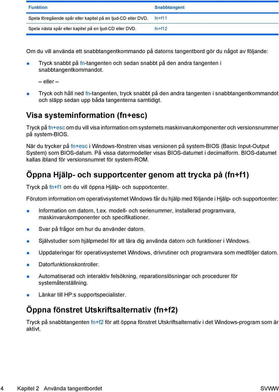 snabbtangentkommandot. eller Tryck och håll ned fn-tangenten, tryck snabbt på den andra tangenten i snabbtangentkommandot och släpp sedan upp båda tangenterna samtidigt.