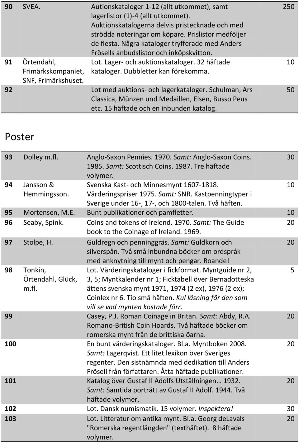 Dubbletter kan förekomma. 92 Lot med auktions- och lagerkataloger. Schulman, Ars Classica, Münzen und Medaillen, Elsen, Busso Peus etc. 15 häftade och en inbunden katalog.